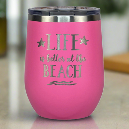 feel like you're at the beach every day when you're using our pink, engraved, "Life is better at the beach" metal drink tumbler for coffee, wine, cocktails and more!