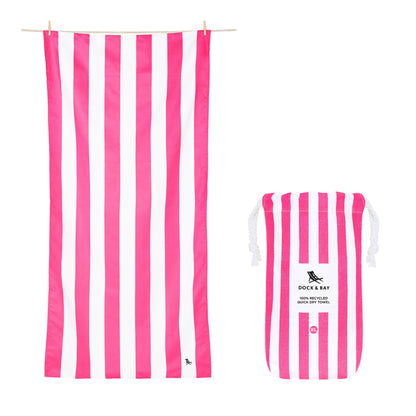 Pink striped microfiber beach towel with matching carry pouch for beach days, pool trips, vacations, and travel