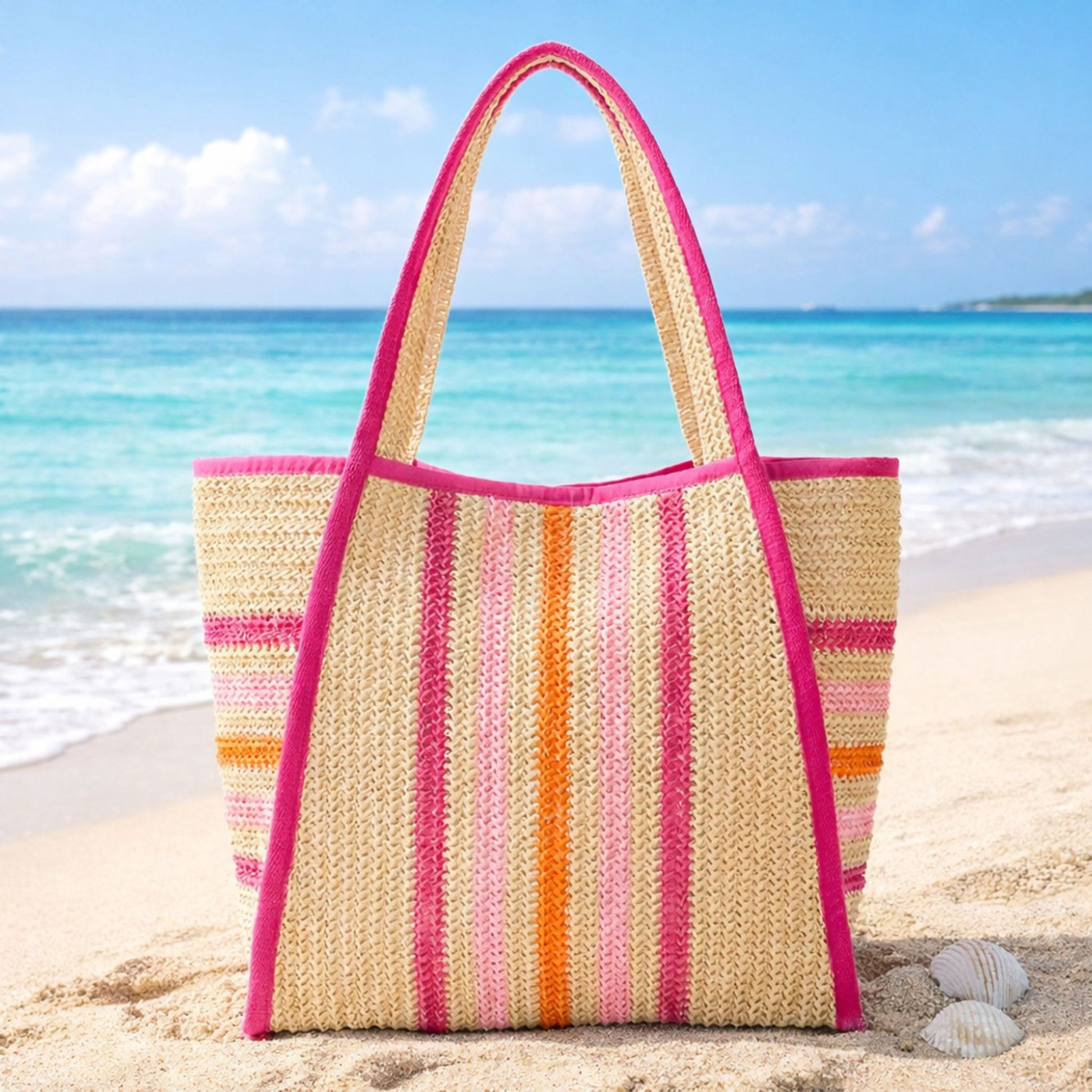 Pink striped straw beach tote bag on the beach with ocean in the background