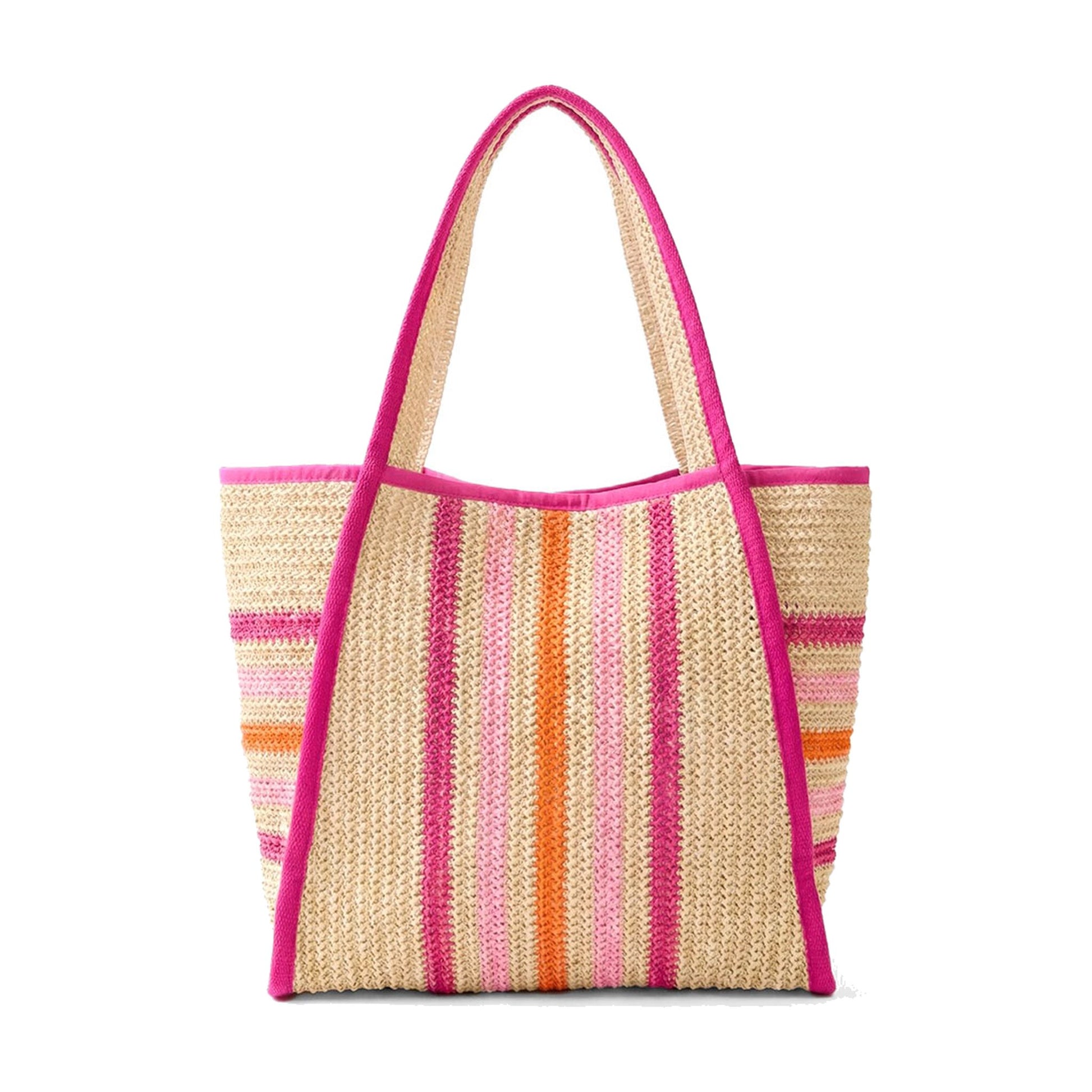 Pink striped straw beach tote bag on white background with bright pink trim