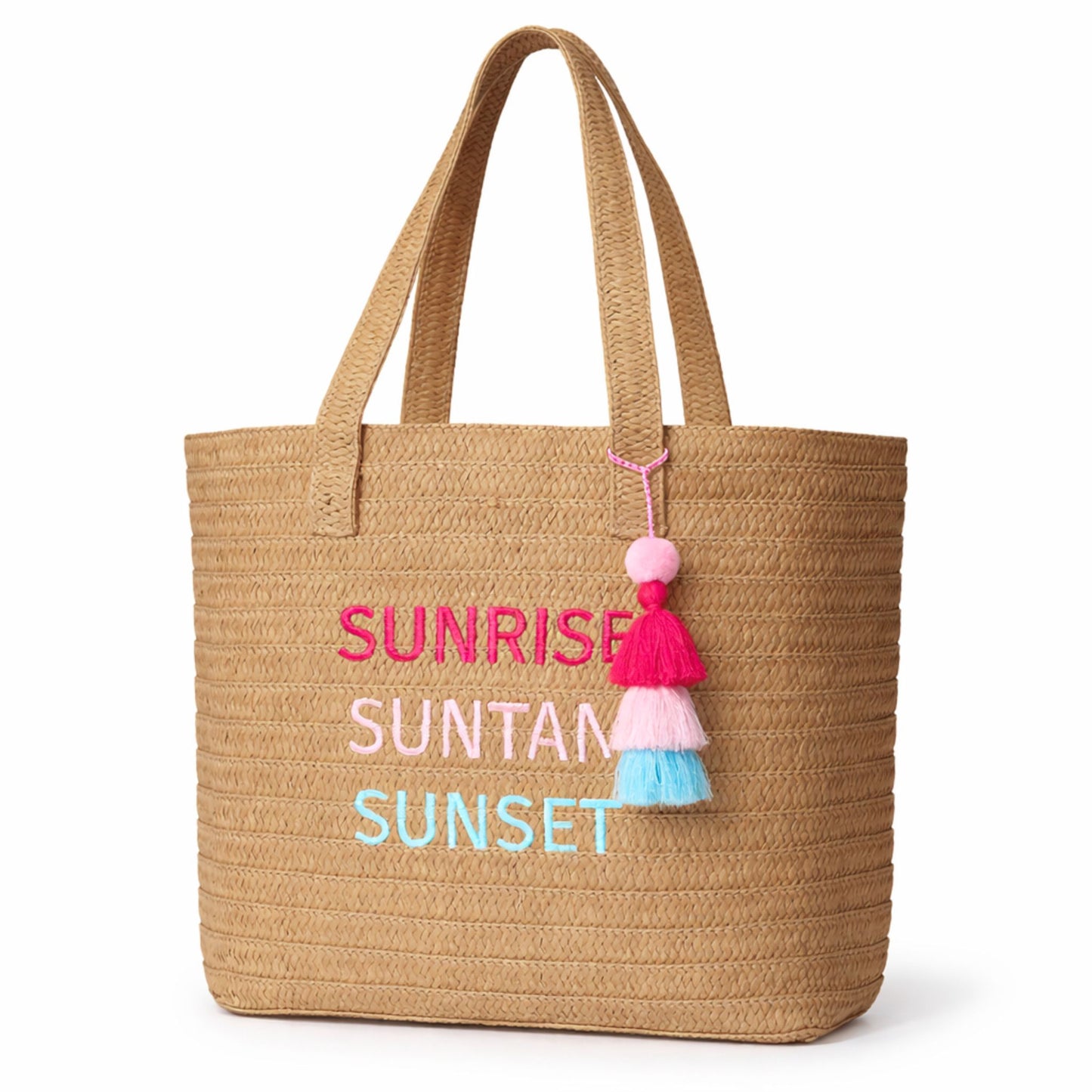 Raffia Message Beach Bag: Sunrise, Suntan, Sunset with Tassel on a white background.