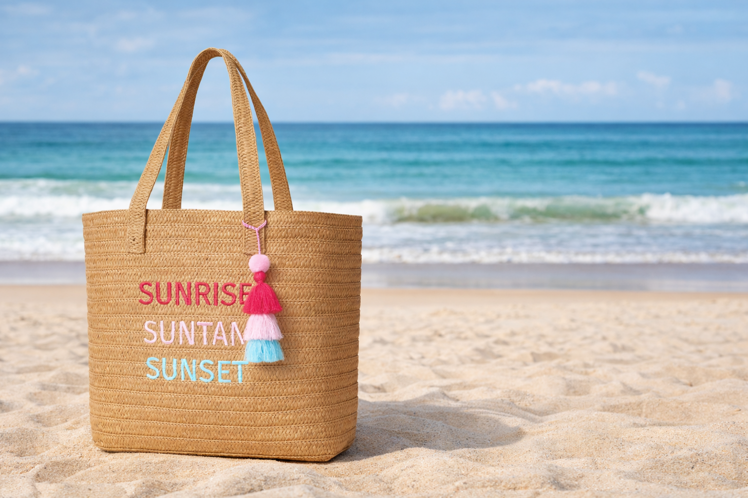 Raffia beach bag tote with 'Sunrise Suntan Sunset' text on a sandy beach with ocean in the background