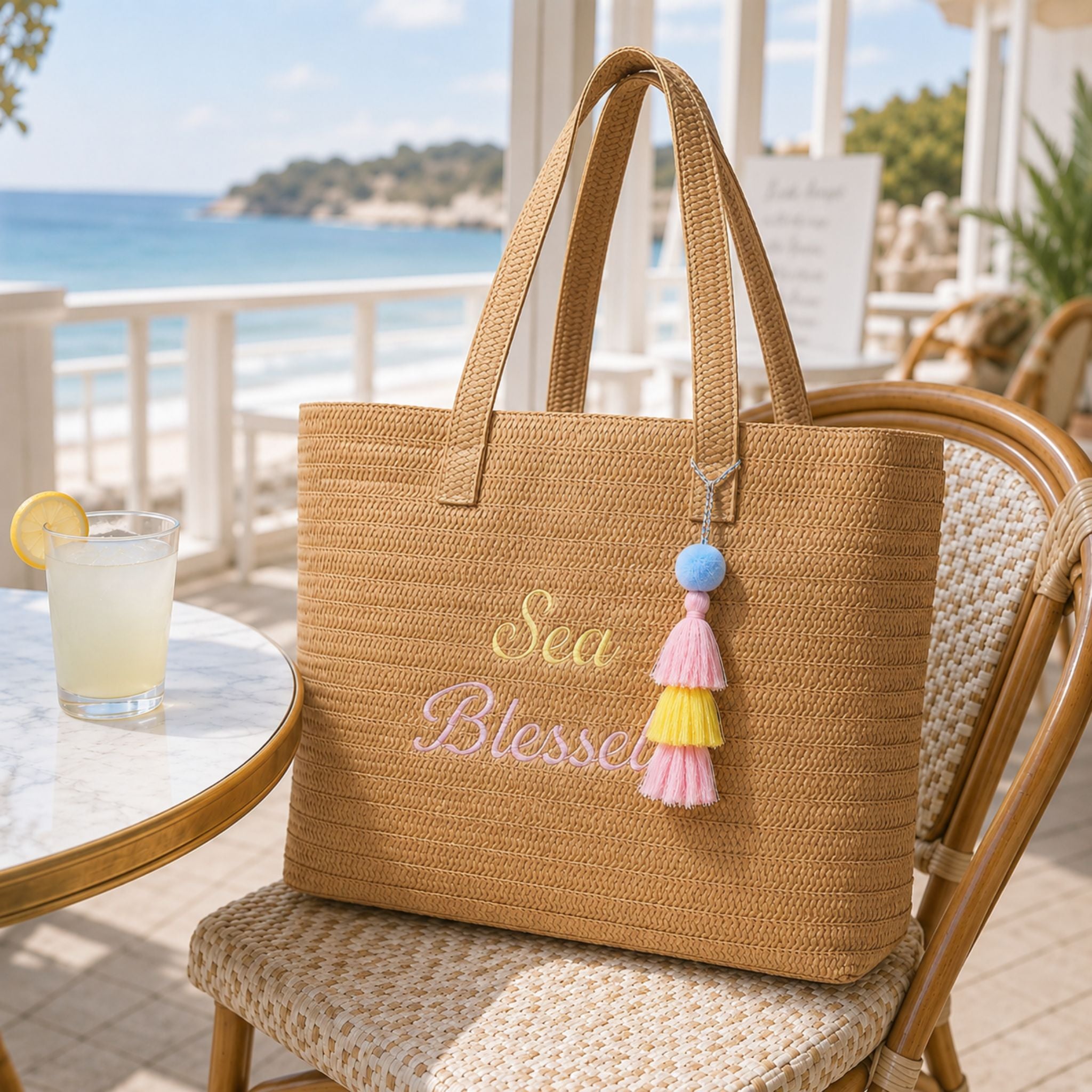 Sea Blessed raffia tote bag on a woven café chair beside lemonade with an ocean view