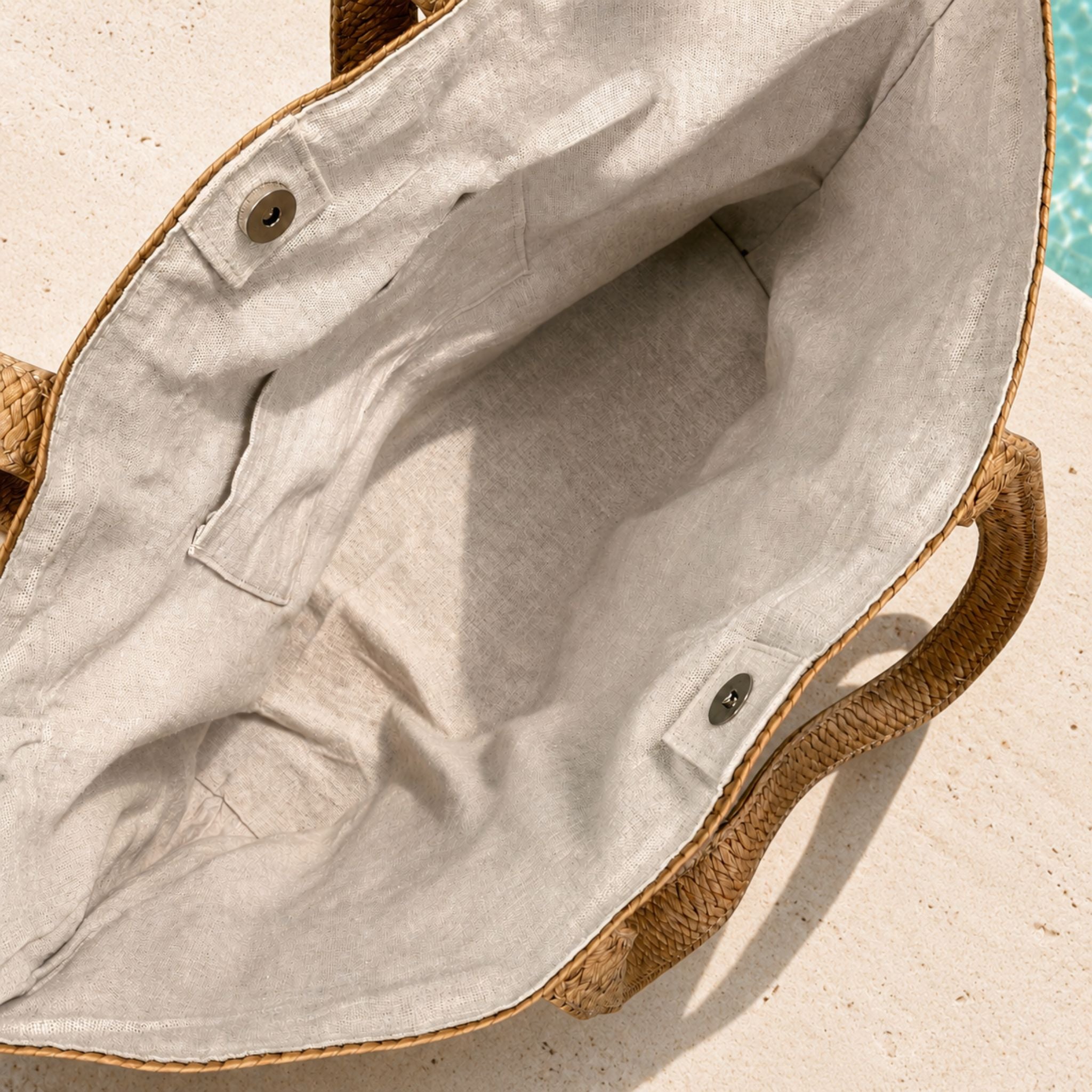 Lined interior of a Sea Blessed raffia tote bag with an inner pocket and snap closure