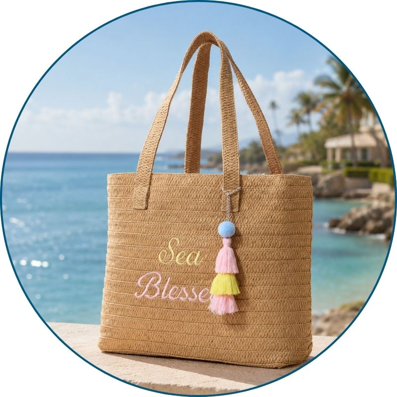 Large Sea Blessed raffia tote bag with space for towels, sunscreen, and everyday essentials
