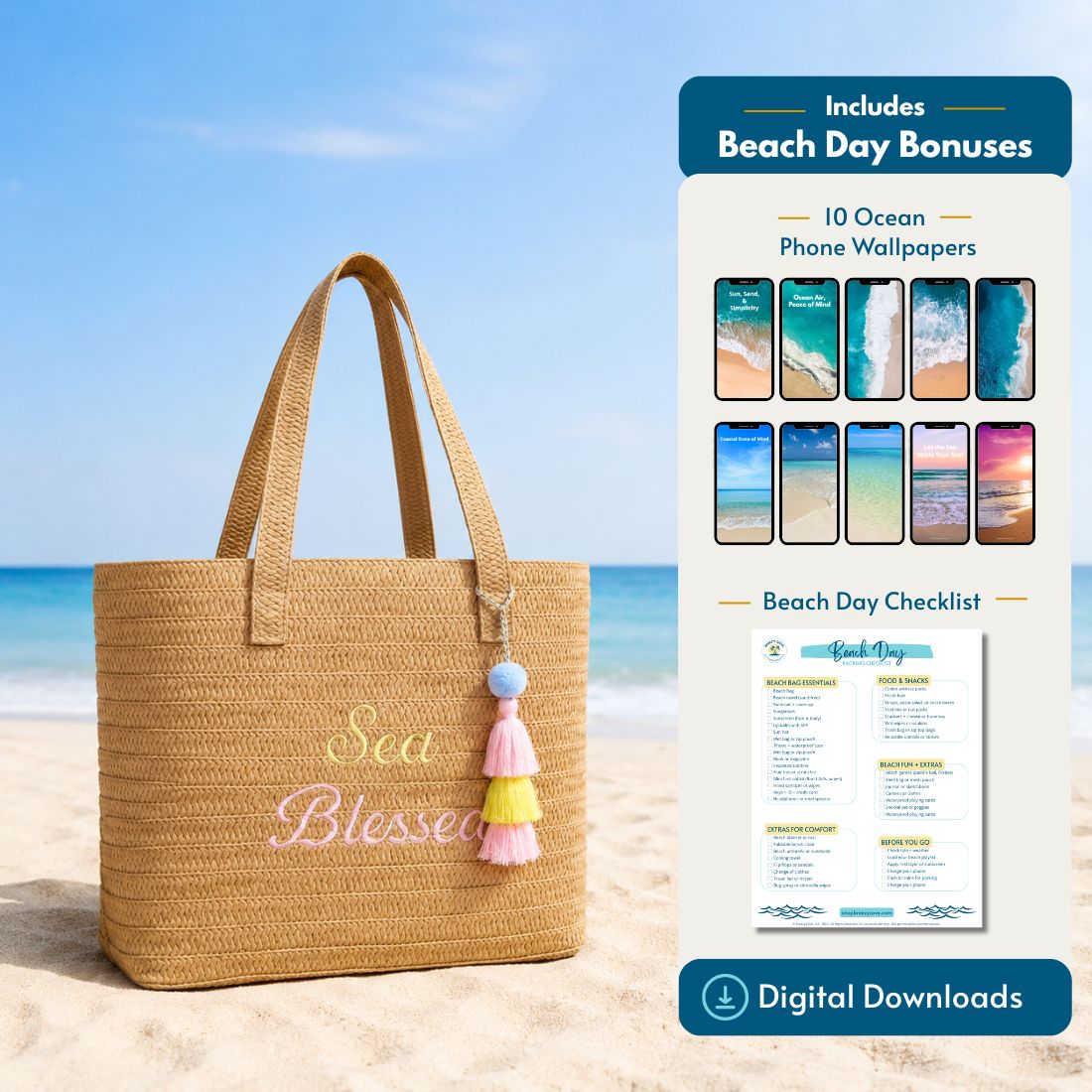 Sea Blessed raffia tote bag on the sand with ocean waves in the background and included digital bonuses