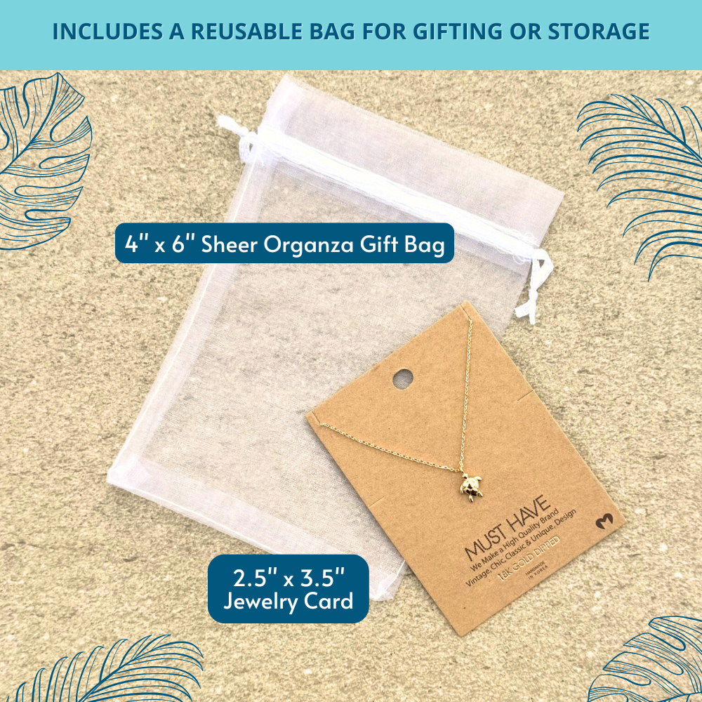 18k gold dipped sea turtle necklace includes a reusable organza bag perfect for gifting or storage during travel