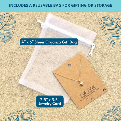 18k gold dipped sea turtle necklace includes a reusable organza bag perfect for gifting or storage during travel