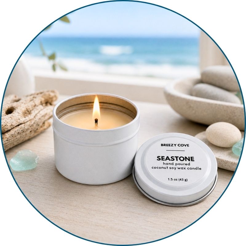 Lit Seastone beach candle in a calm coastal setting with smooth stones, sea glass, and an ocean view.