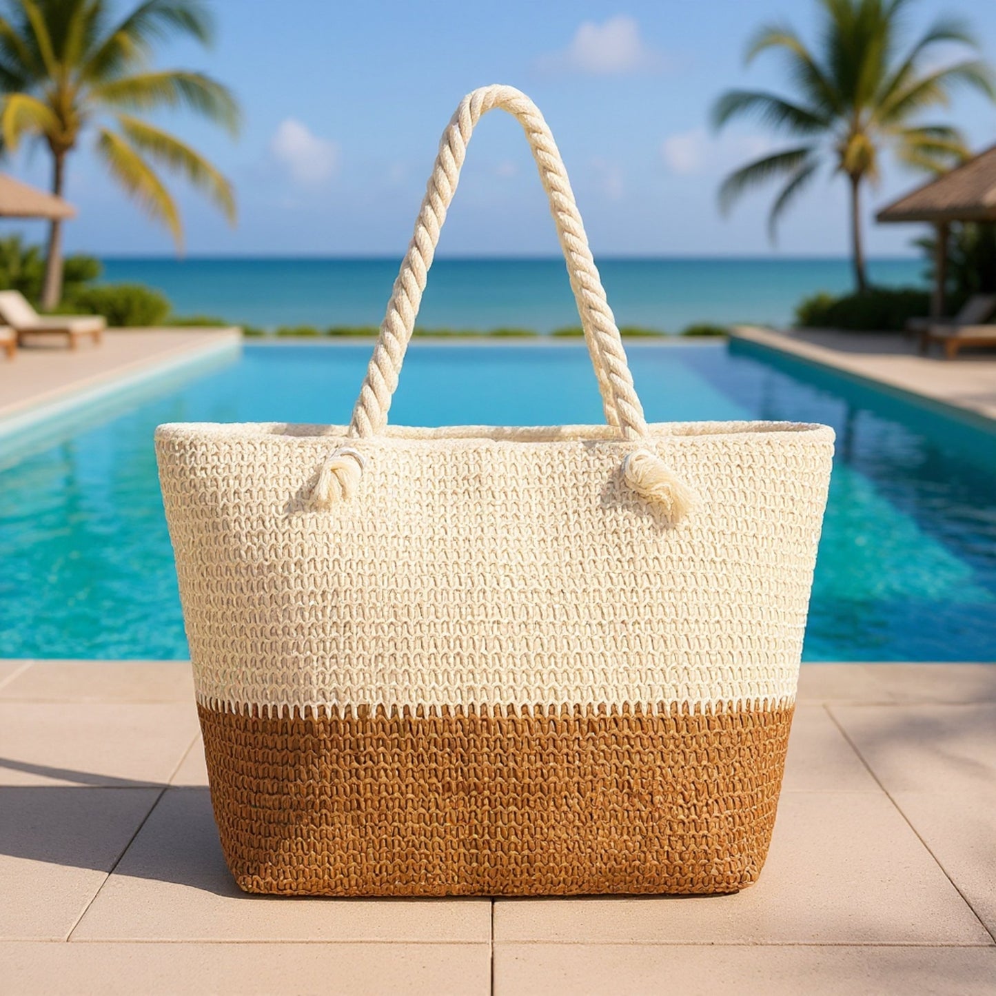 Straw beach bags with zipper on a pool deck with ocean view.  Quality beach bag under $50.