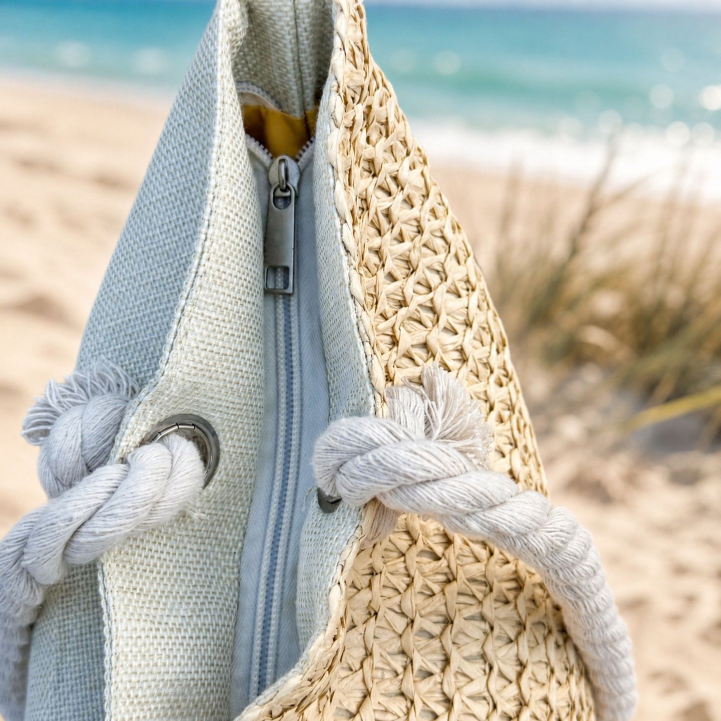 large straw beach bag with zipper close up in a beach setting