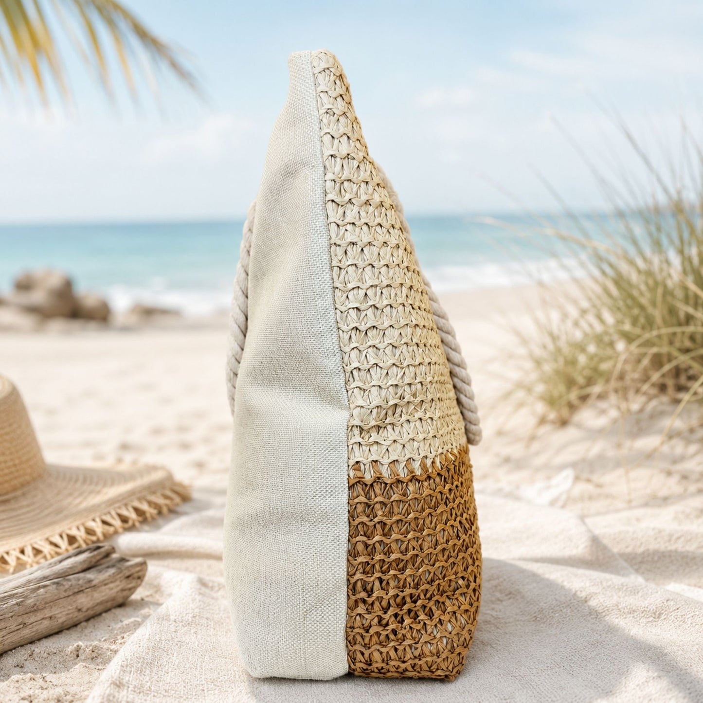 large straw beach bag with zipper and canvas back on a sandy beach with a straw hat and palm leaves.