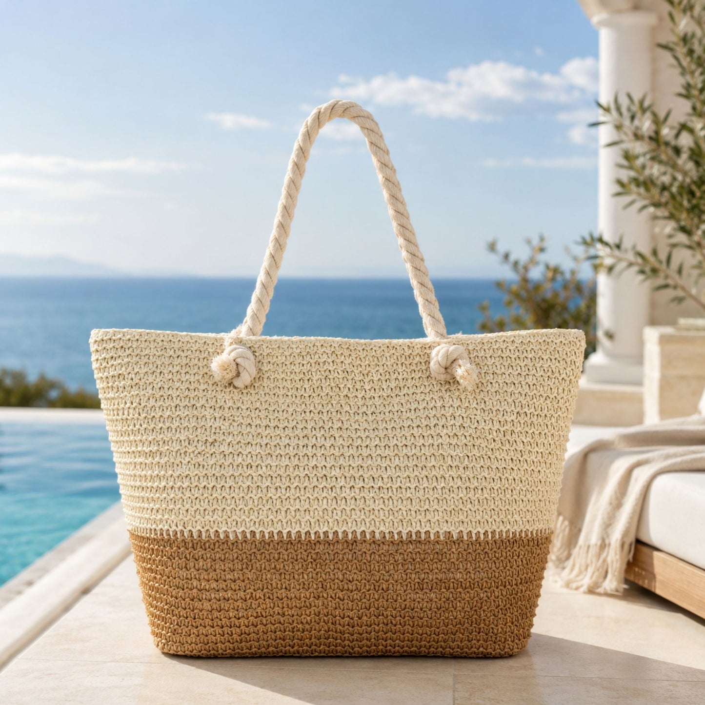 Woven straw beach bag gift with a rope handle in a resort setting