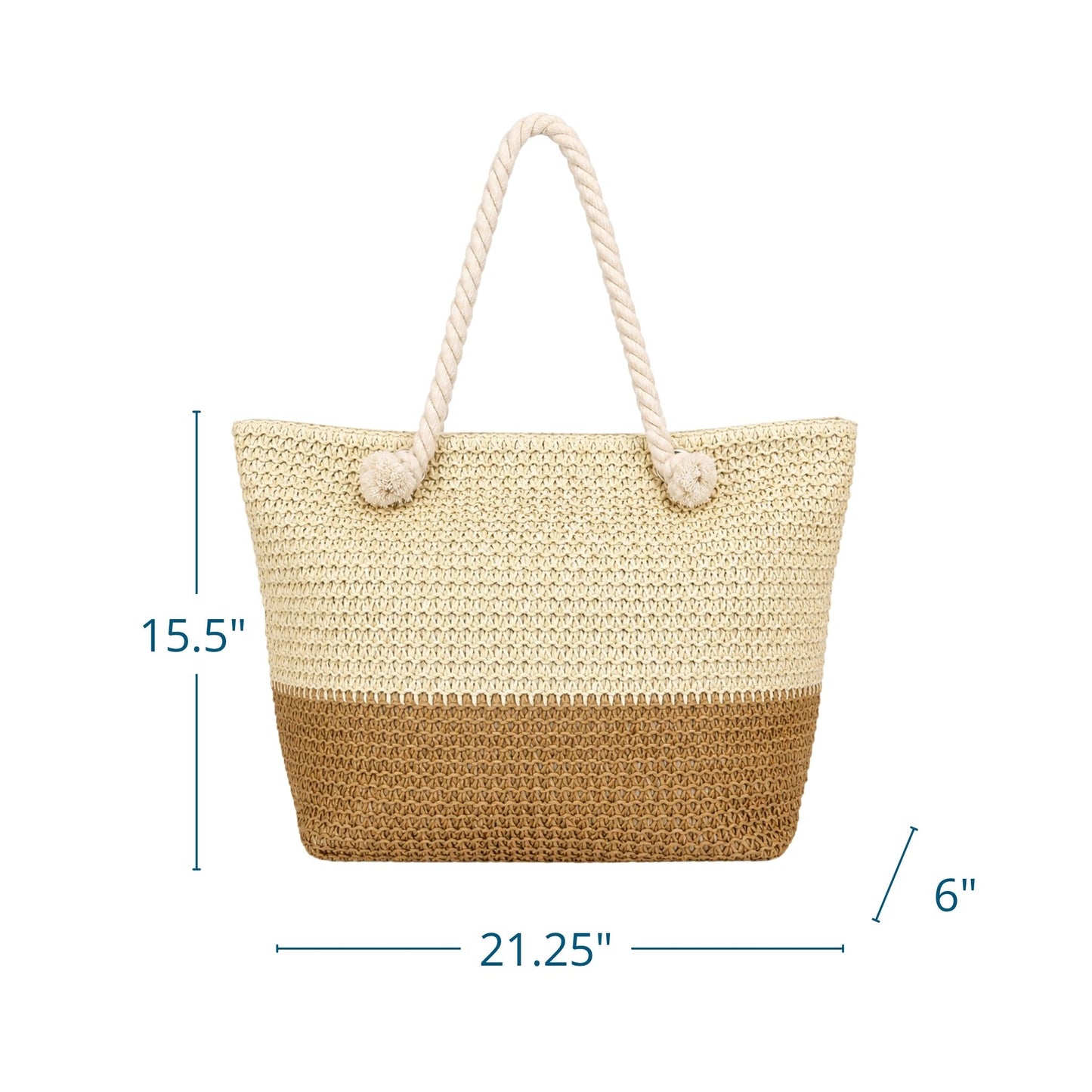 Straw beach bag with zipper showing  dimensions, helping women choose beach bags large enough to hold towels, sunscreen, and other essentials.