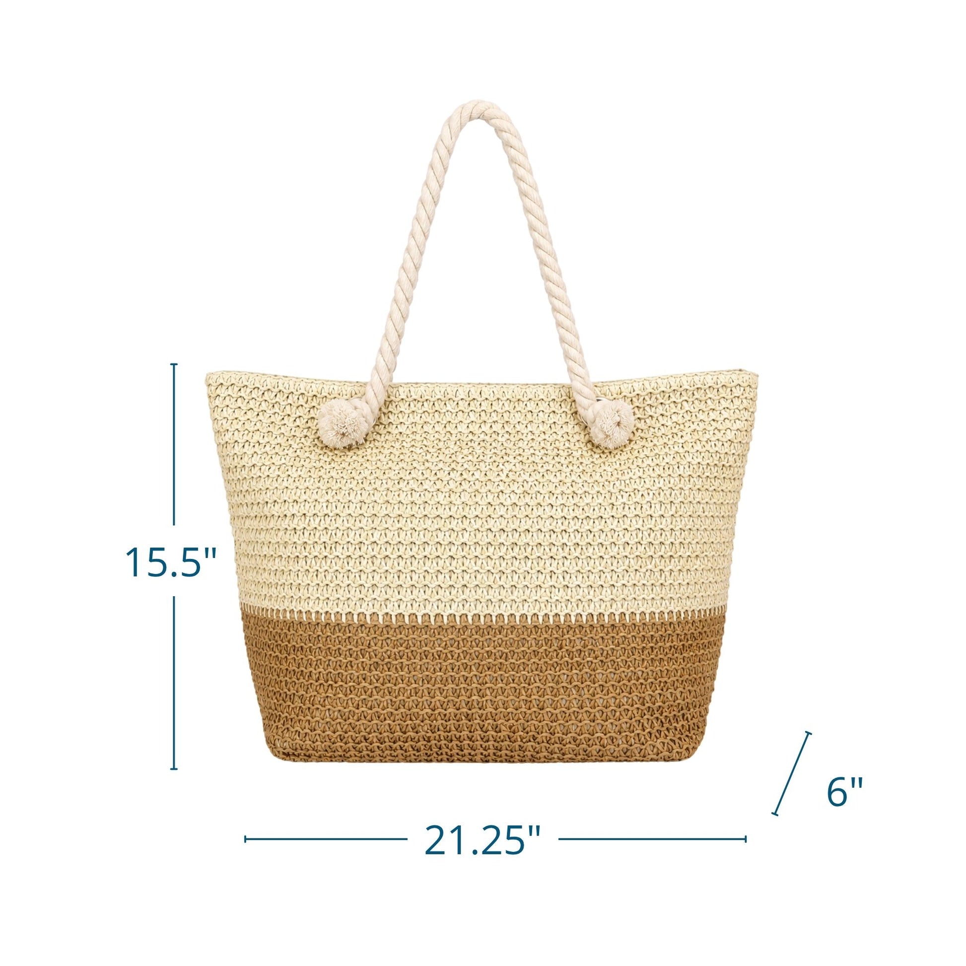 Straw beach bag with zipper showing  dimensions, helping women choose beach bags large enough to hold towels, sunscreen, and other essentials.