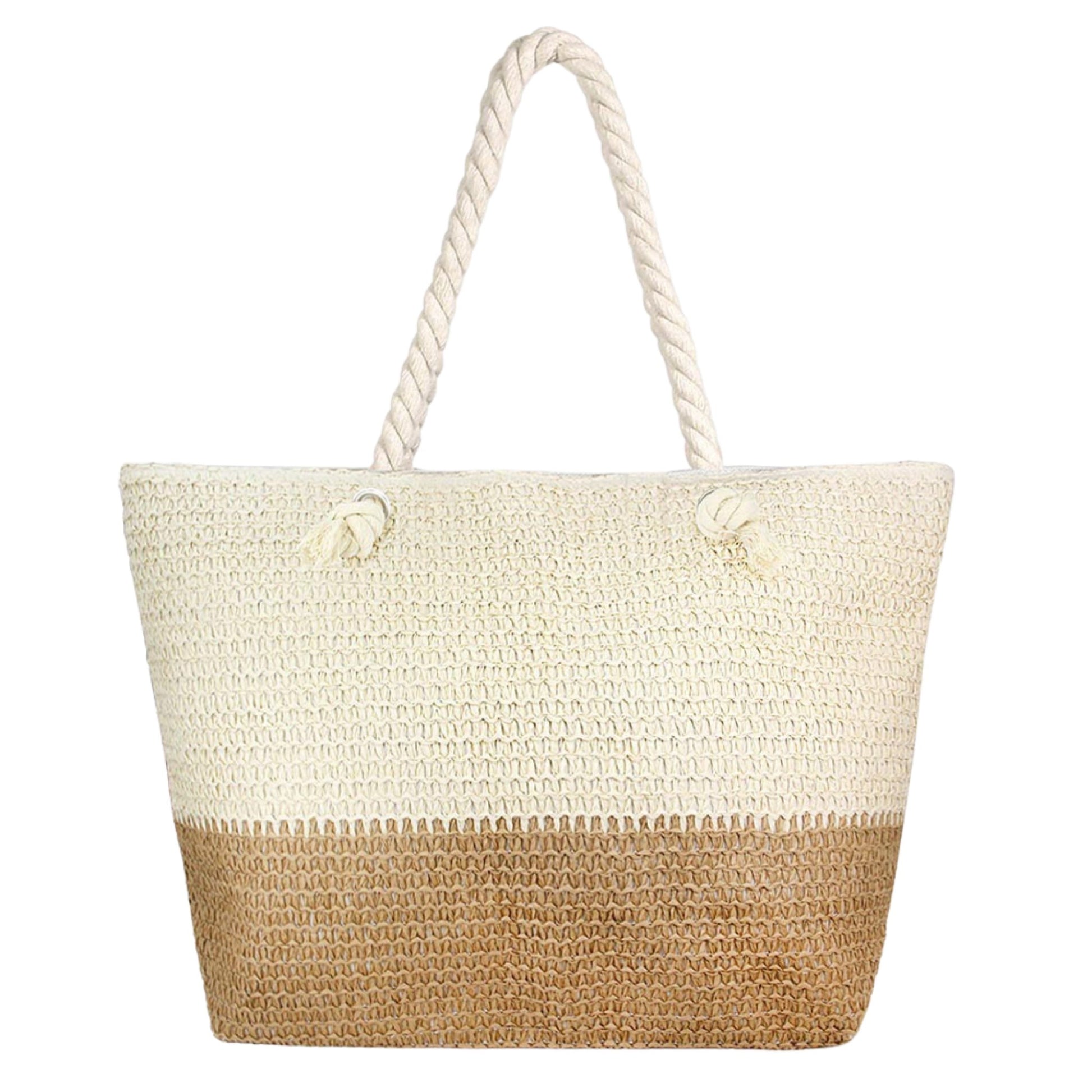 Straw beach bags with zipper on a white background, shown as large beach bags for women packing towels, sunscreen, and other beach essentials.