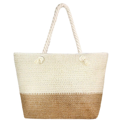 Straw beach bags with zipper on a white background, shown as large beach bags for women packing towels, sunscreen, and other beach essentials.