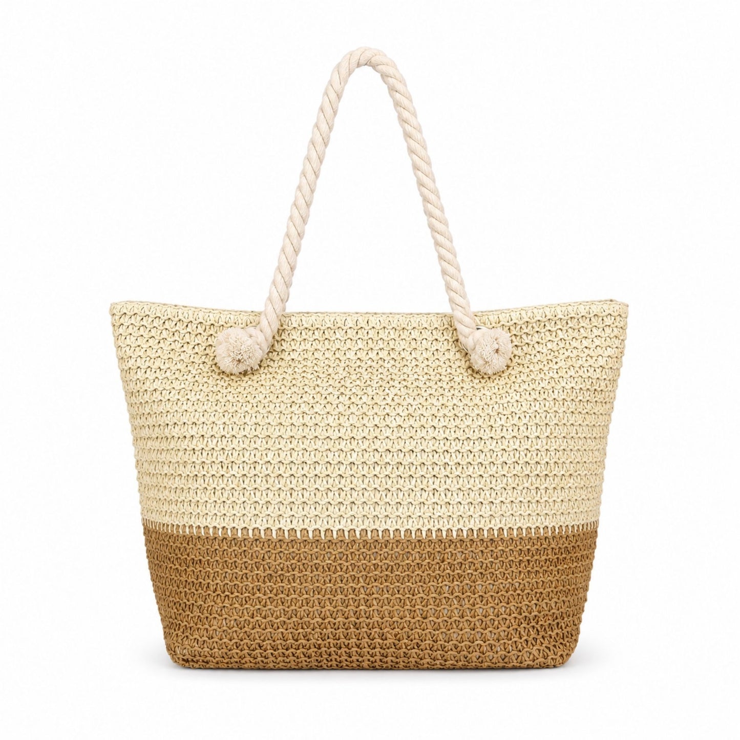 Straw beach bags with zipper on a white background, shown as large beach bags for women packing towels, sunscreen, and other beach essentials.