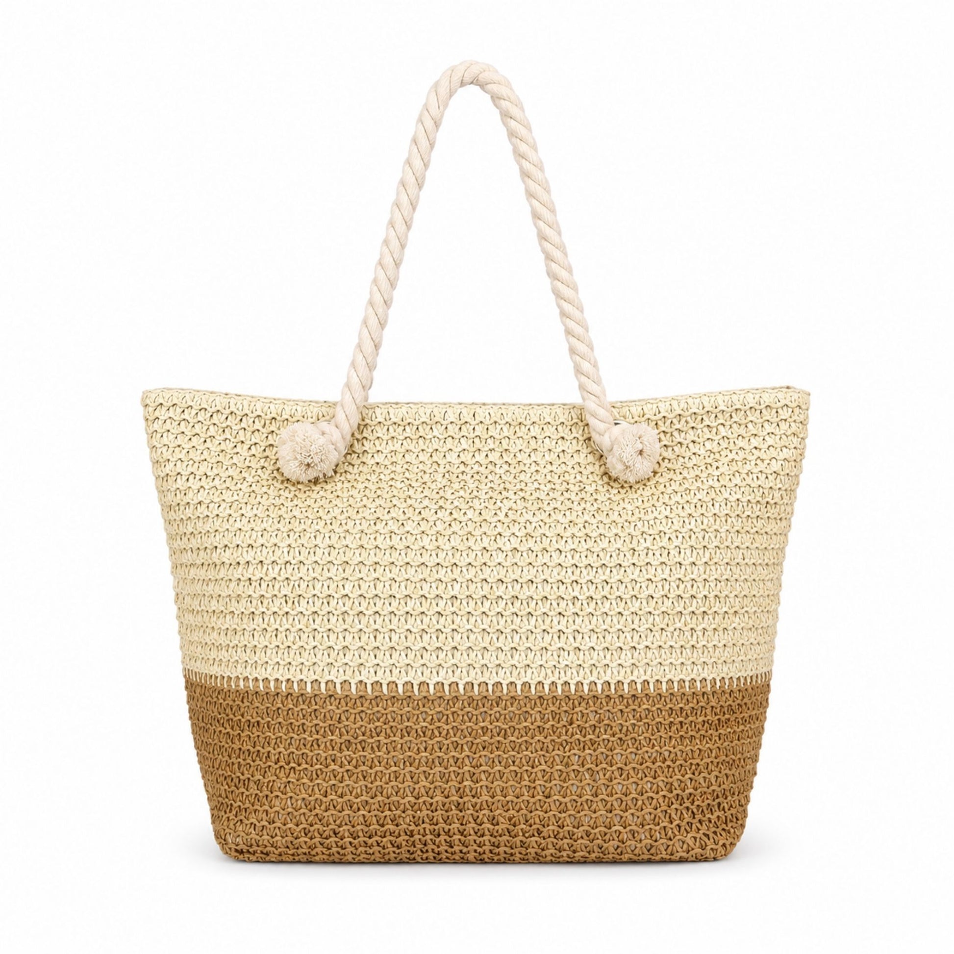 Straw beach bags with zipper on a white background, shown as large beach bags for women packing towels, sunscreen, and other beach essentials.