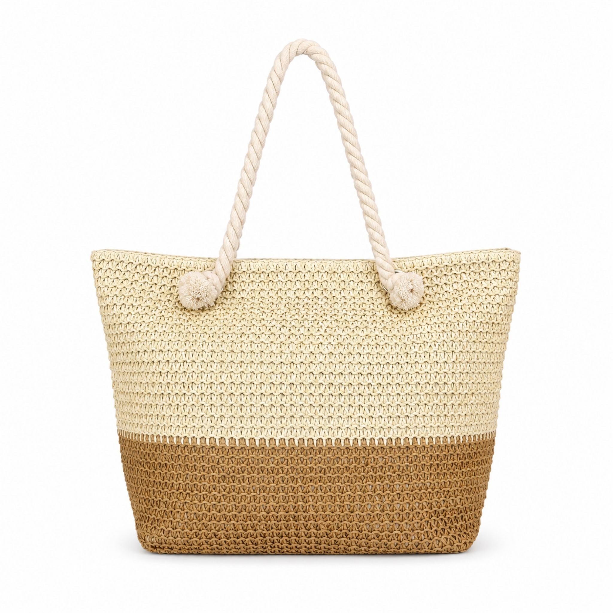 Straw beach bags with zipper on a white background, shown as large beach bags for women packing towels, sunscreen, and other beach essentials.