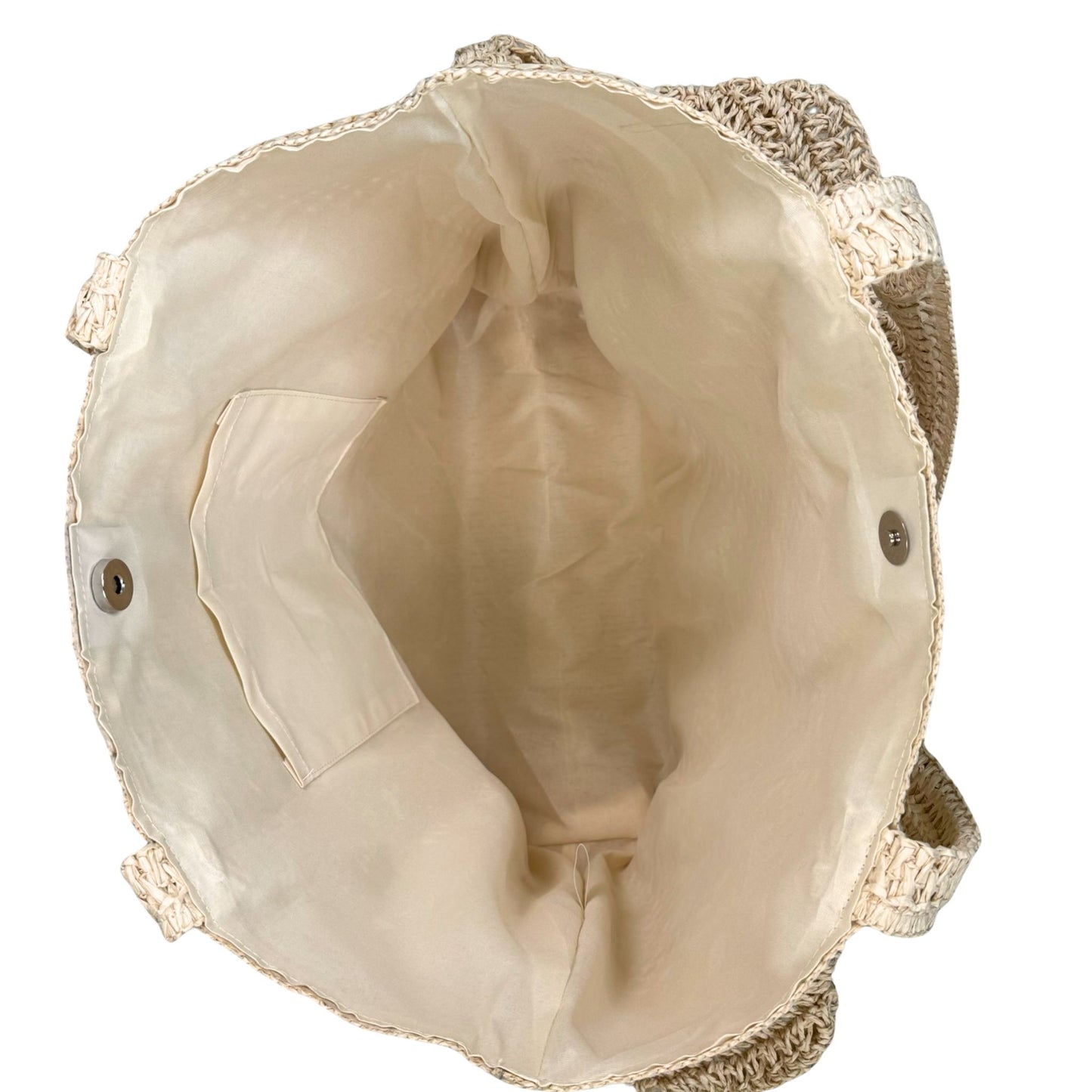 Beige Ruffle Straw Crochet Beach Bag Tote, Lined