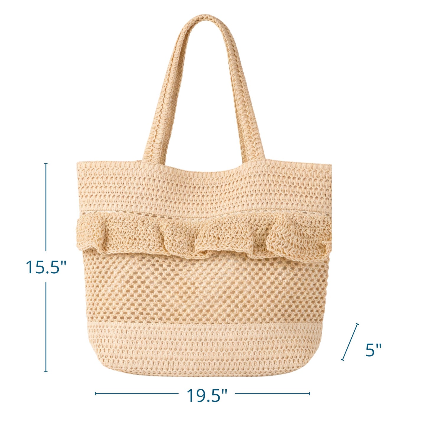 Beige Ruffle Straw Crochet Beach Bag Tote, Lined