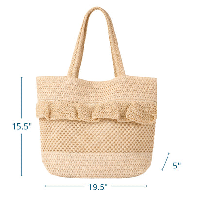 Beige Ruffle Straw Crochet Beach Bag Tote, Lined