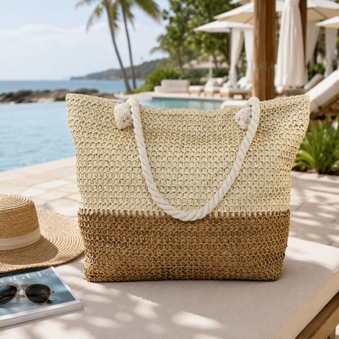 Straw tote beach bags for women on a seaside lounger with hat and magazine overlooking the ocean.