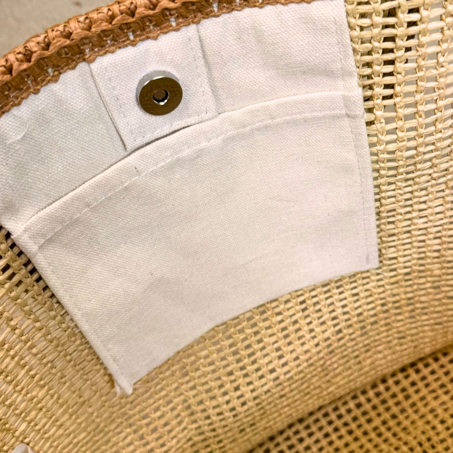Beige Woven Straw Beach Bag Tote with Tassel, Magnetic Closure