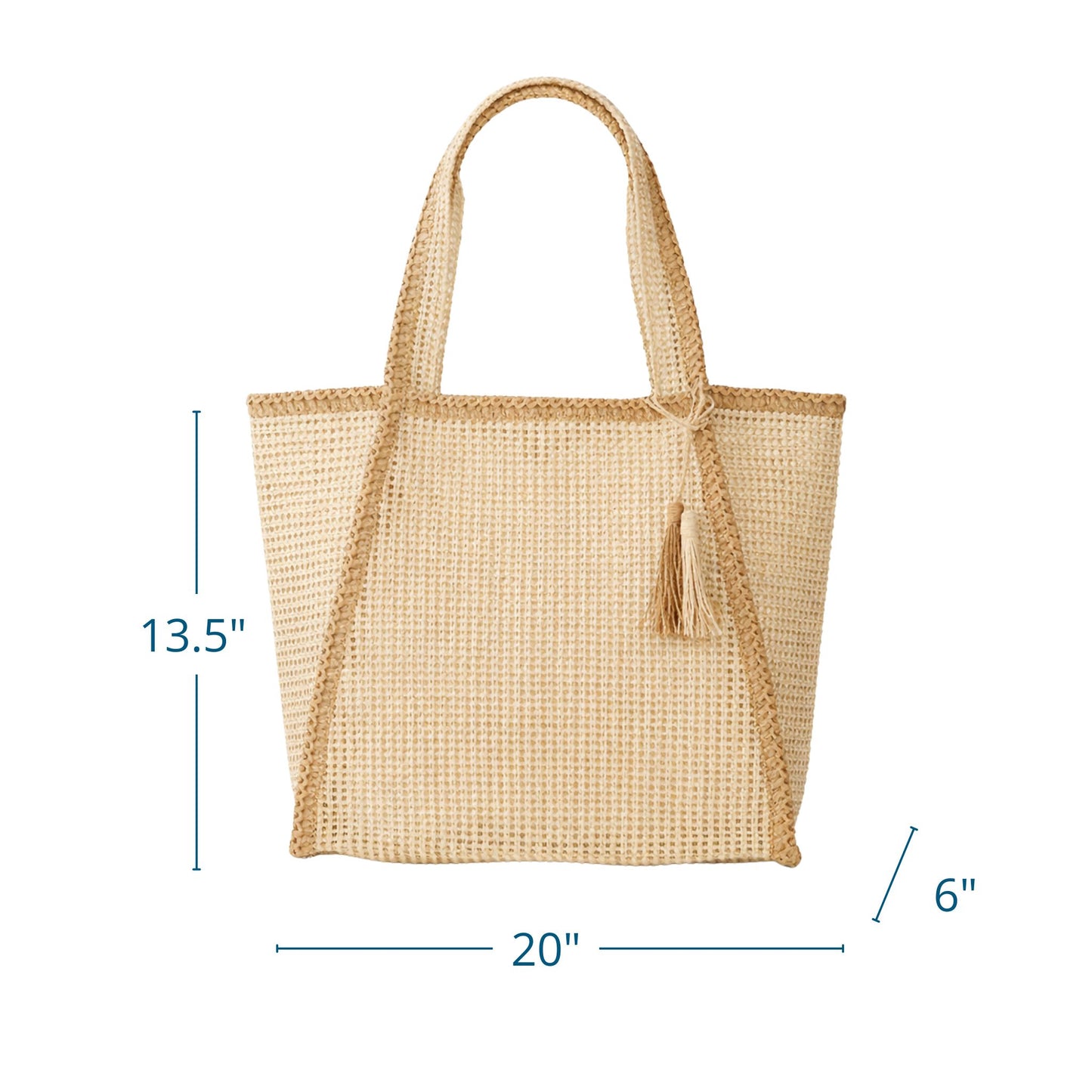 Beige Woven Straw Beach Bag Tote with Tassel, Magnetic Closure