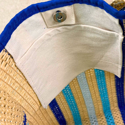 Royal Blue Striped Large Straw Beach Bag Tote, Magnetic Snap & Inner Pocket