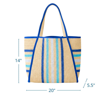 Royal Blue Striped Large Straw Beach Bag Tote, Magnetic Snap & Inner Pocket