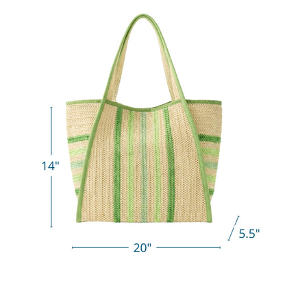 Green Striped Large Straw Beach Bag Tote, Magnetic Snap & Inner Pocket