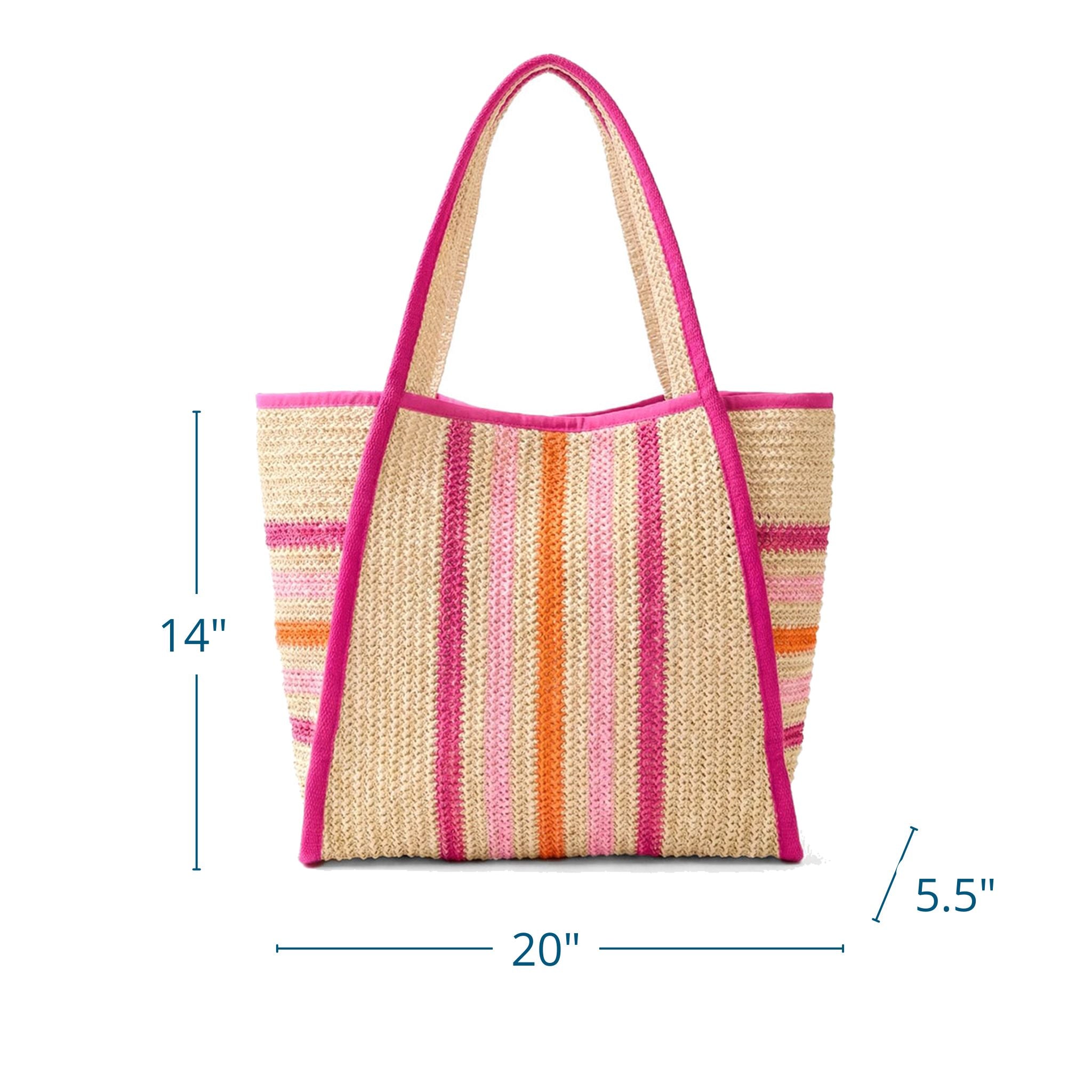 Pink Striped Large Straw Beach Bag Tote, Magnetic Snap, Inner Pocket