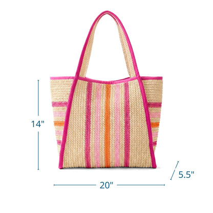 Pink Striped Large Straw Beach Bag Tote, Magnetic Snap, Inner Pocket