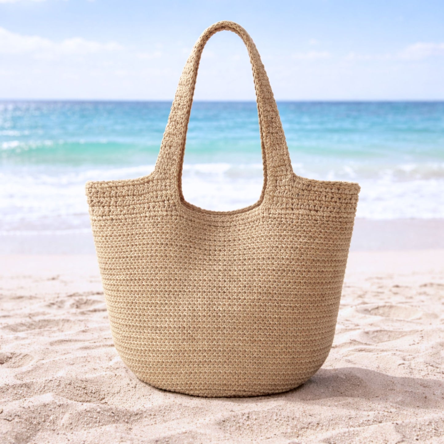 Tan straw hobo slouch tote bag on the beach.