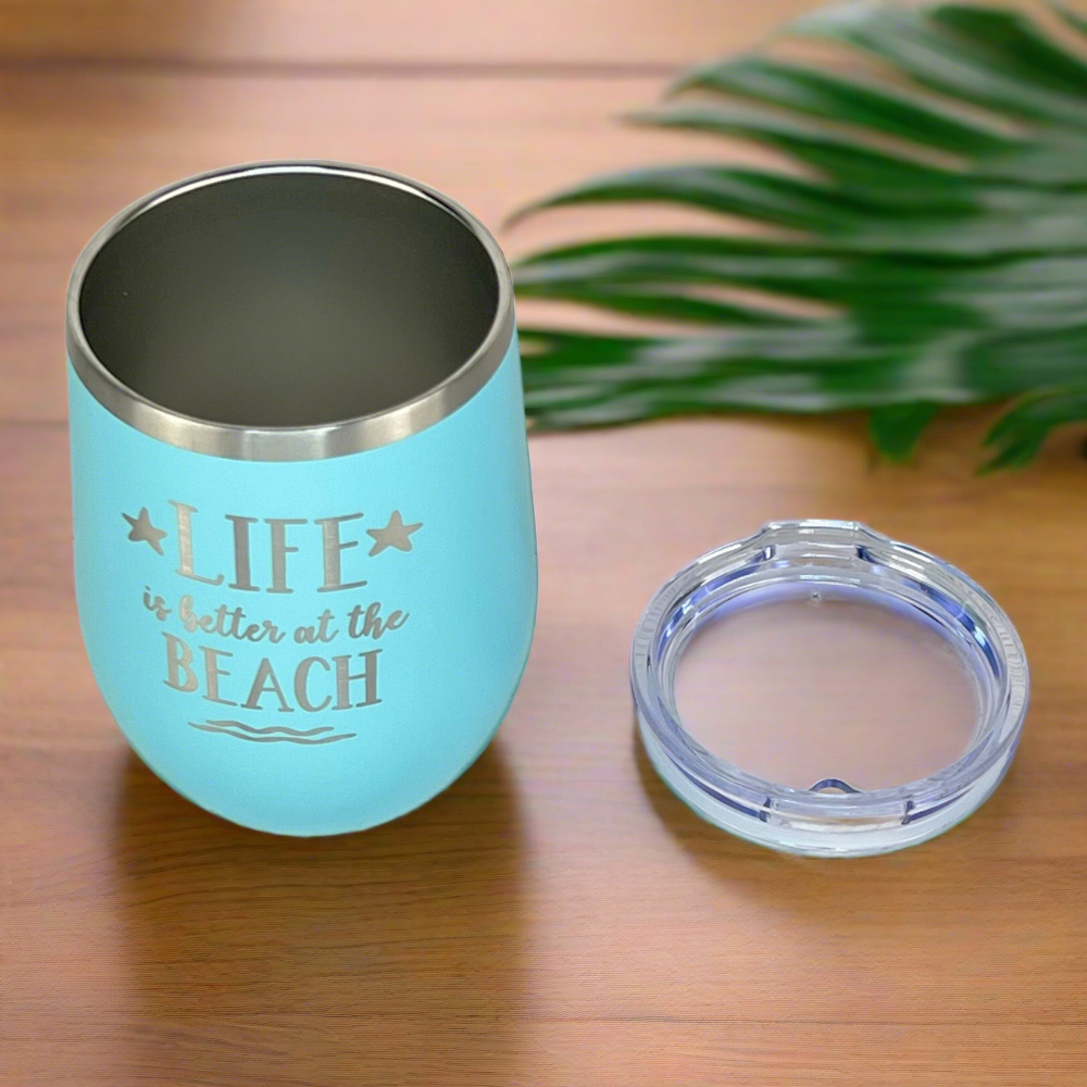 12 0z "life is better at the beach", insulated metal drink tumbler with lid for hot and cold drinks