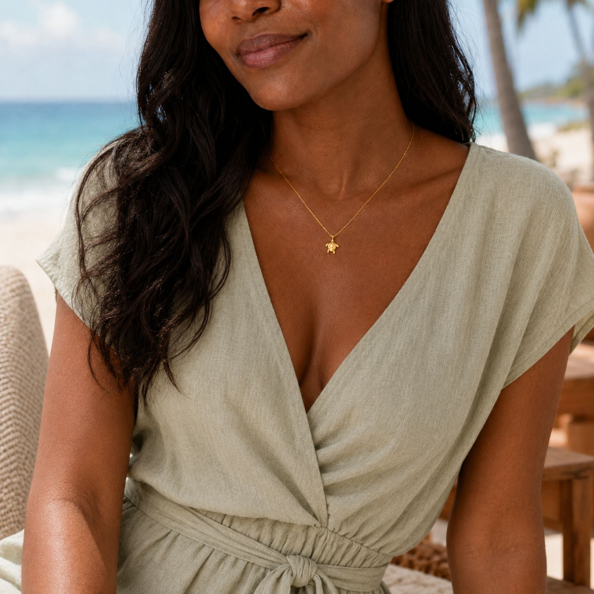 Woman wearing a dainty sea turtle  necklace for everyday wear — 18k gold dipped beach necklace for women