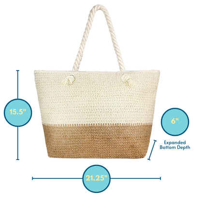 large, oversize beige and tan straw beach bag with zipper and rope handles