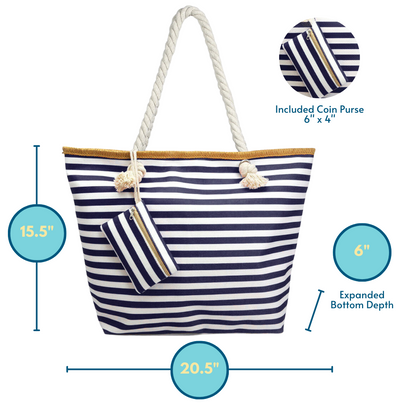 dimensions for large classic navy and white stripe pattern beach bag tote with rope handles