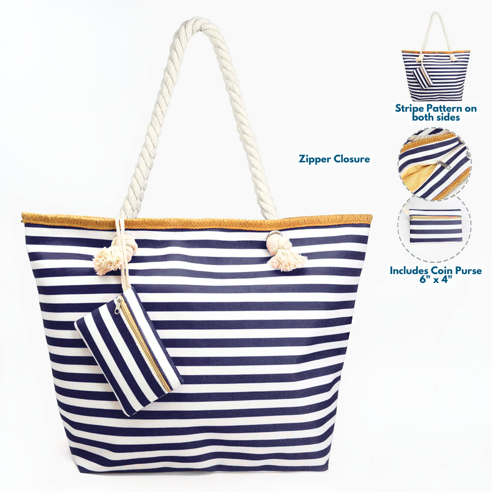 Navy and white striped beach tote bag with callouts showing zipper closure, matching coin purse, and stripe pattern on both sides