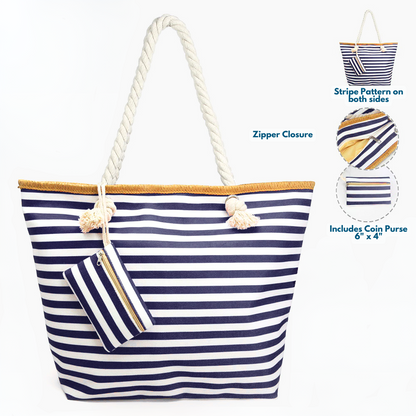 zipper closure, coin purse features of large classic navy and white stripe pattern beach bag tote with rope handles