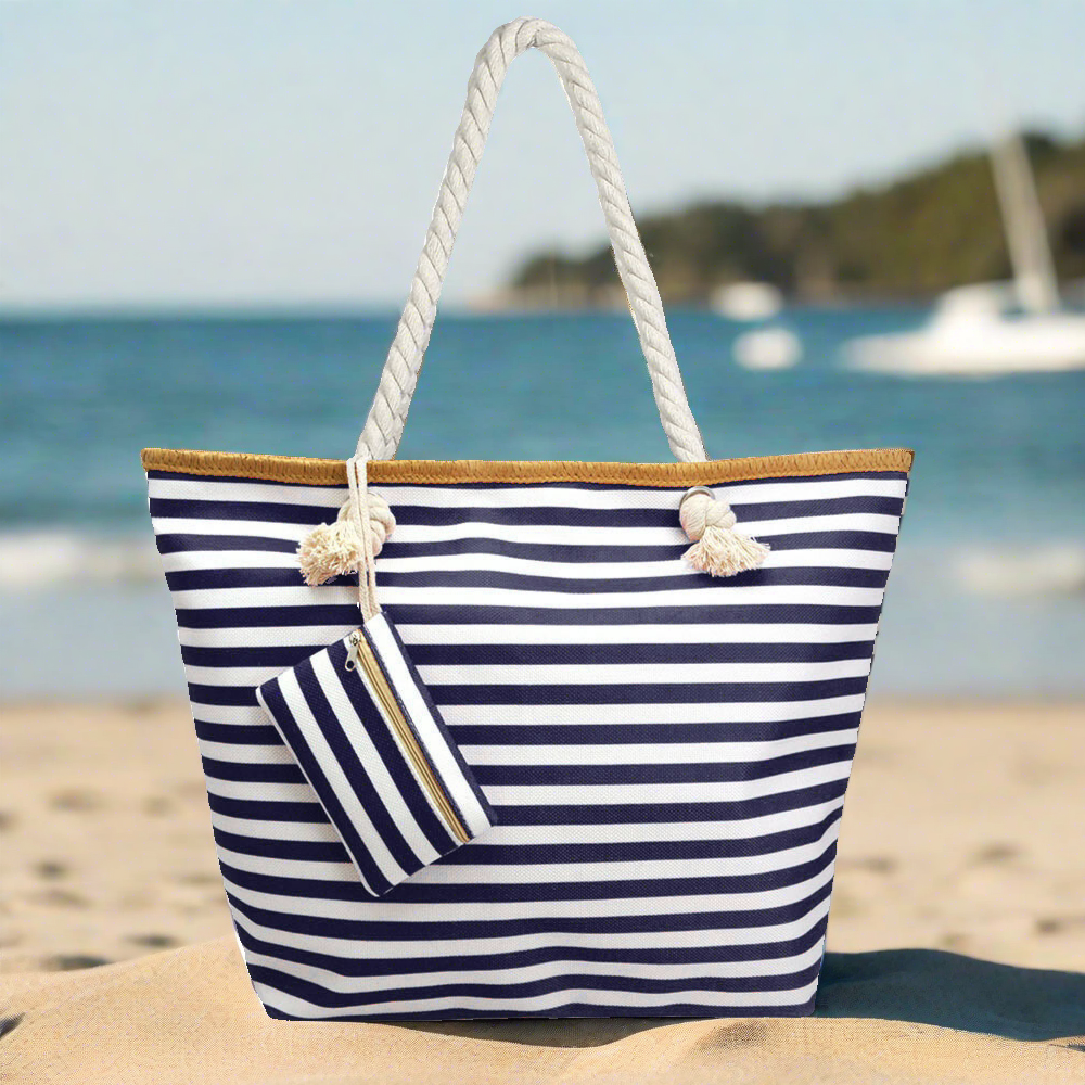 Nautical Charm Oversized Navy and White Stripe Beach Tote Bag with Zipper Breezy Cove