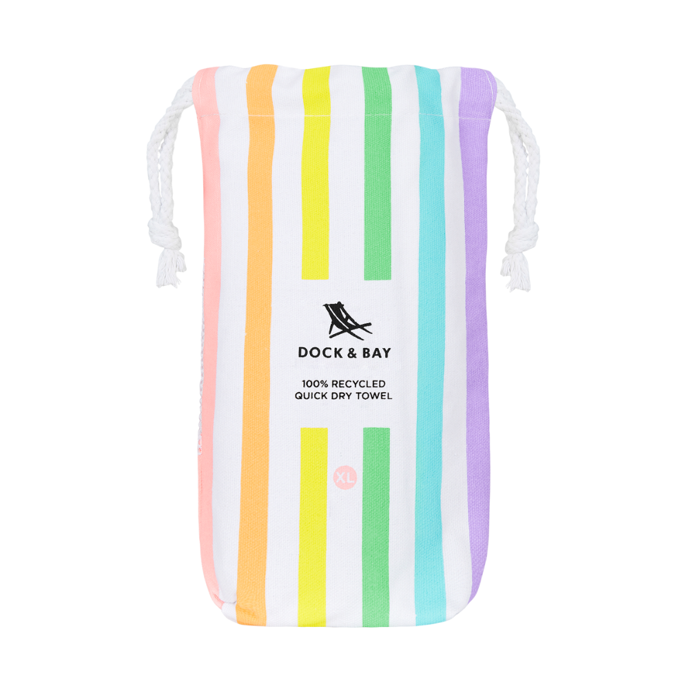 bright, pastel rainbow striped quick dry, sand free beach towel bag