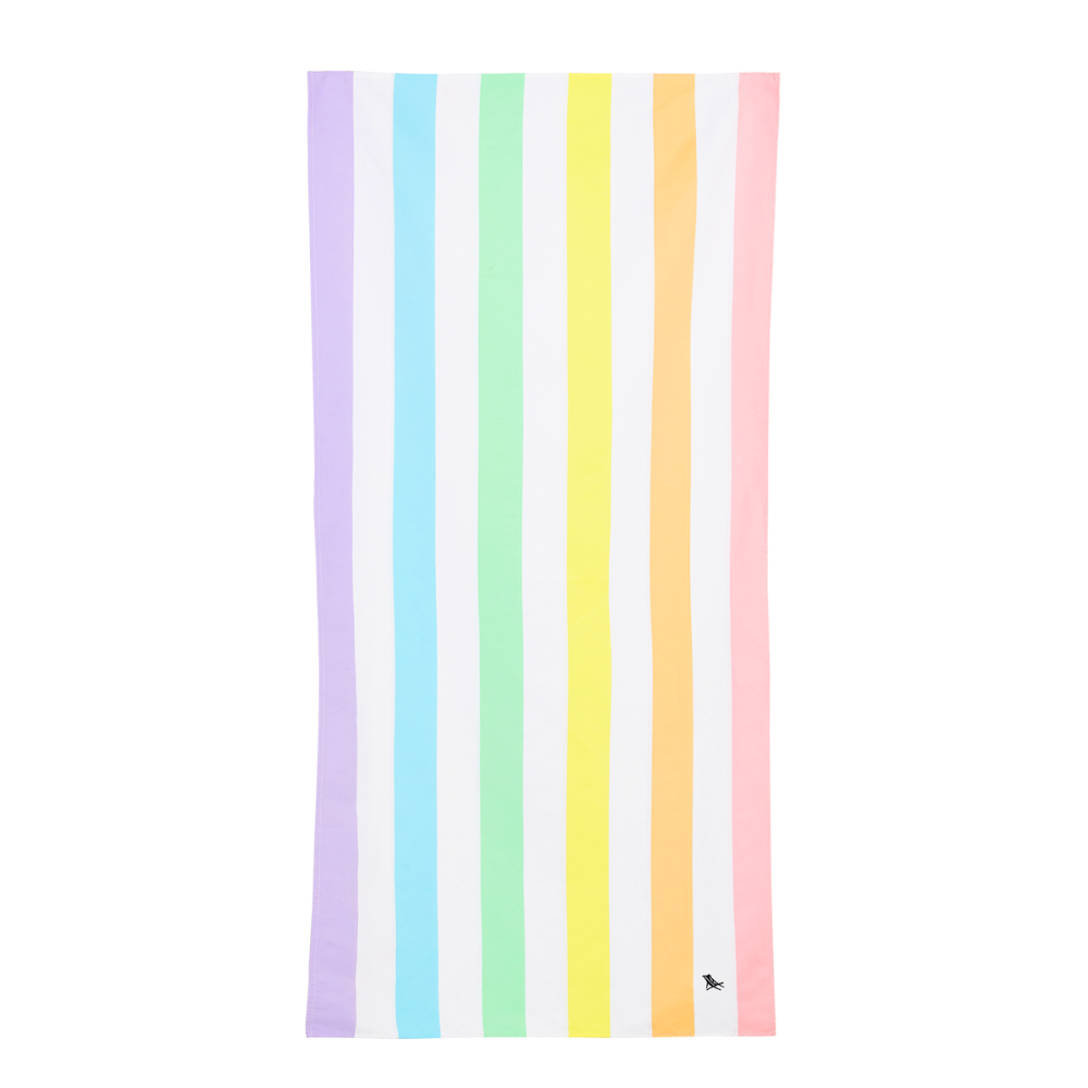 bright, pastel rainbow striped quick dry, sand free beach towel