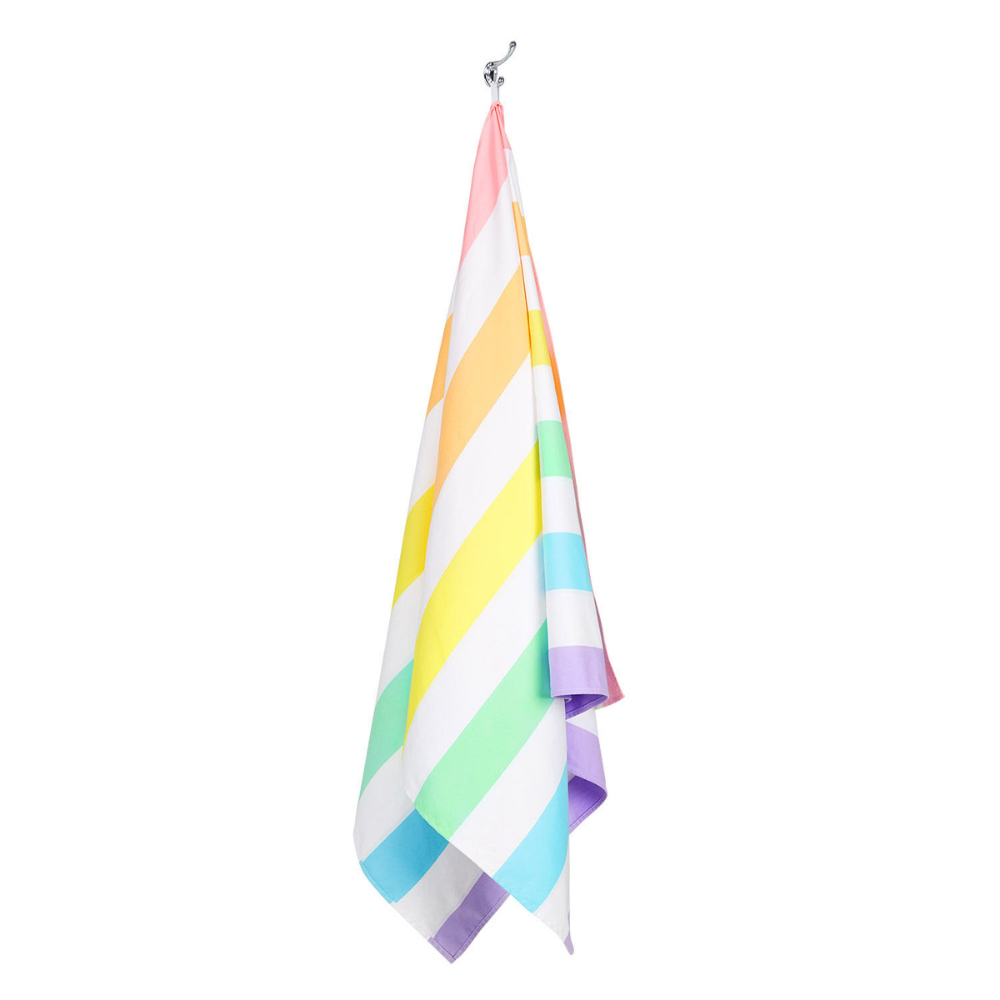 hanging bright, pastel rainbow striped quick dry, sand free beach towel