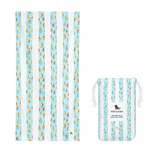 light blue striped with sailboat pattern, quick dry, sand-free kids beach towel with bag