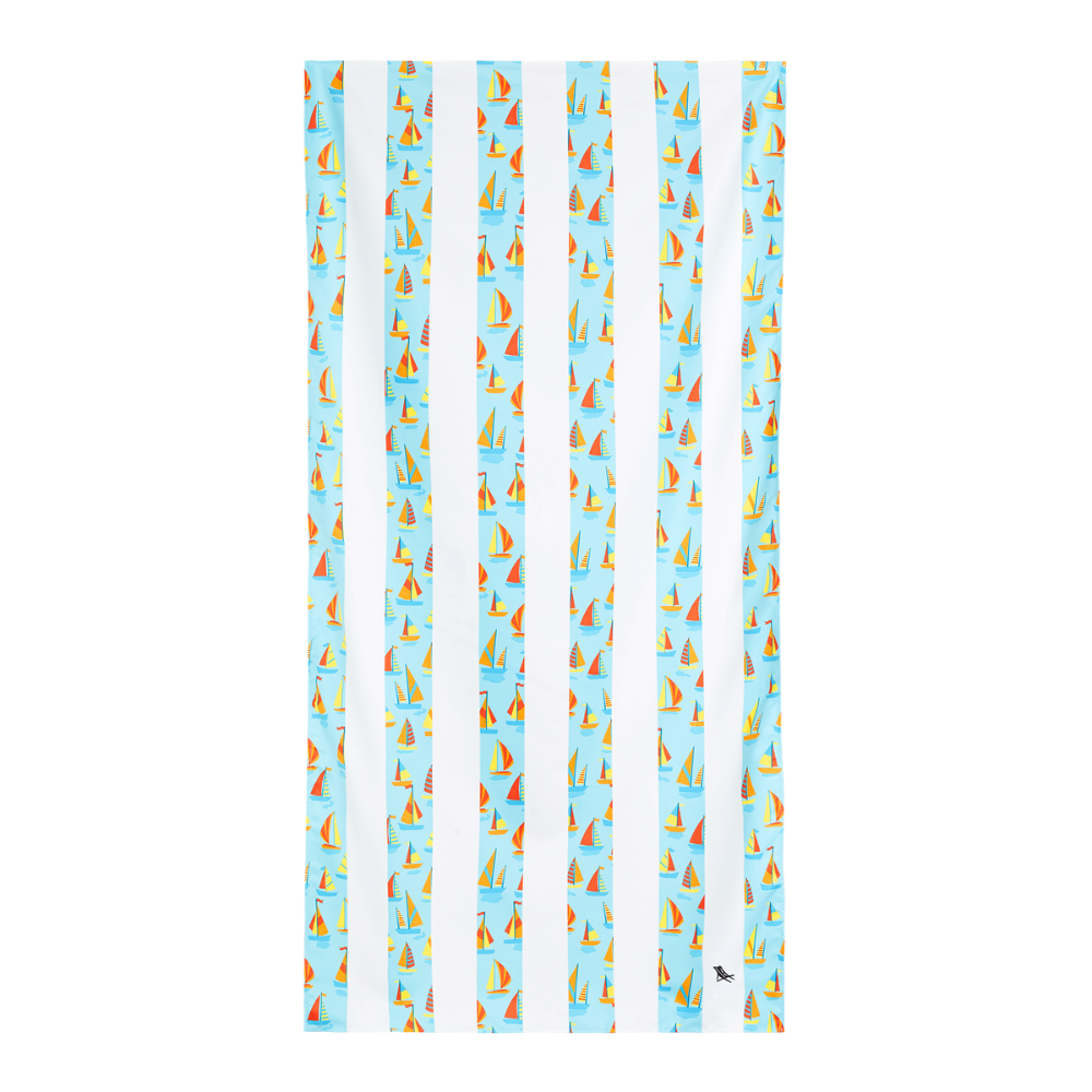 light blue striped with sailboat pattern, quick dry, sand-free kids beach towel