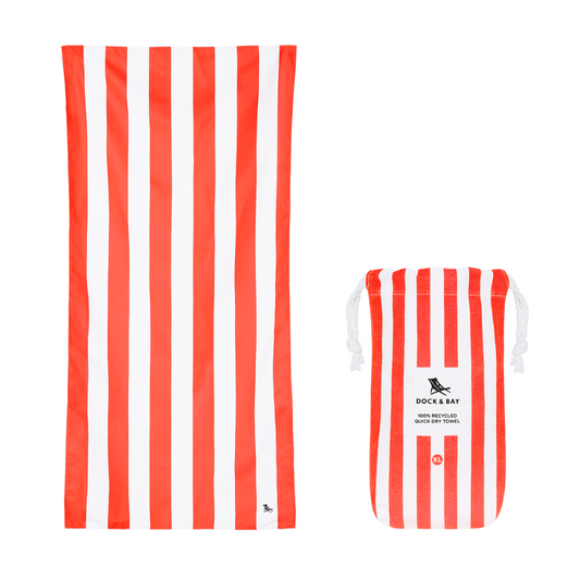 red orange and white striped quick dry Dock and extra large Bay Beach towel with carrying bag