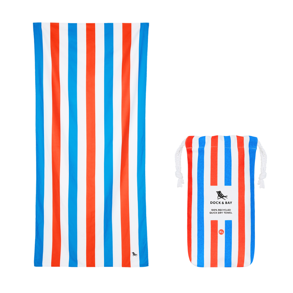 patriotic, red, white and blue quick dry and sand free beach towel with bag